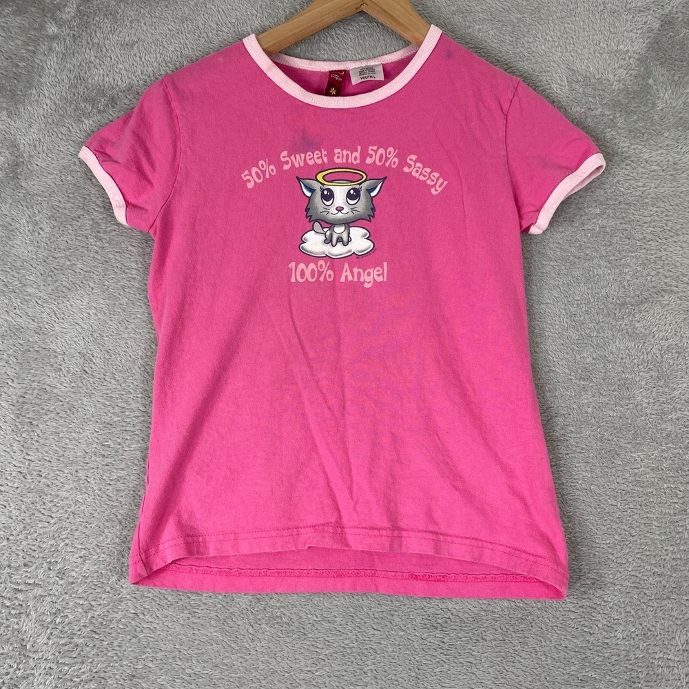 SO Cat Graphic Ringer T Shirt Kids Large Pink Sassy Y2K Kidcore 2000s Babydoll